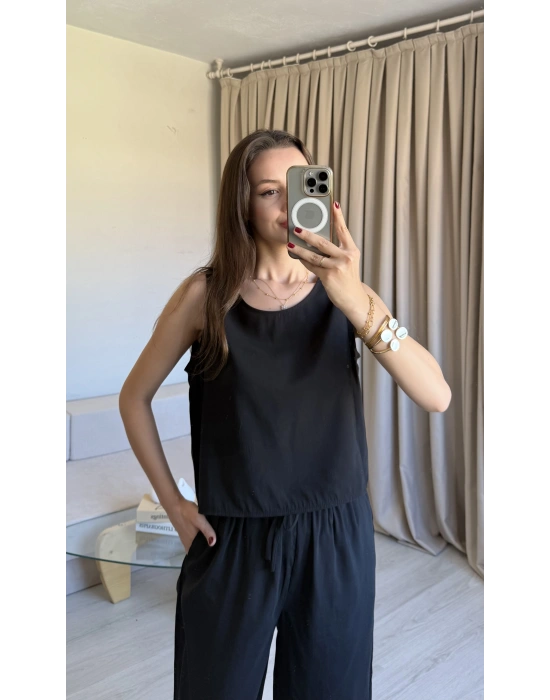 Siyah Tencel Kalın Askılı Takım