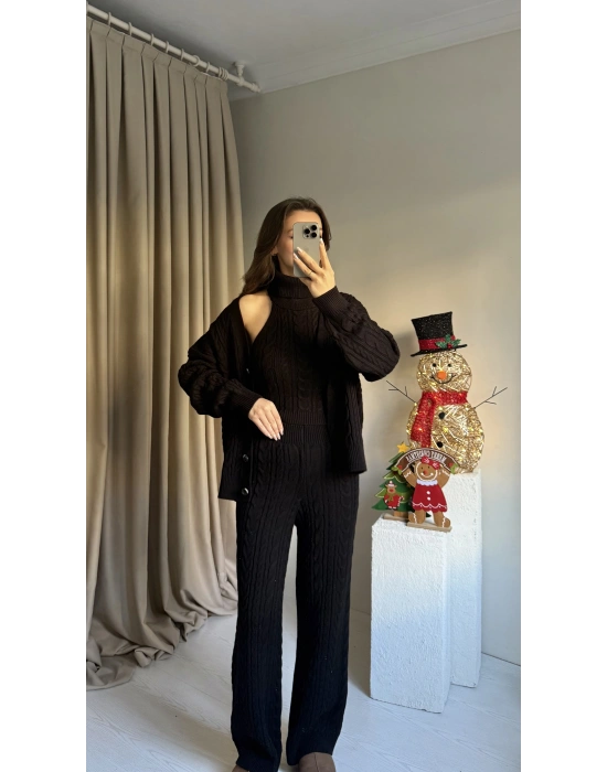 Siyah Üçlü Örgü Triko Takım