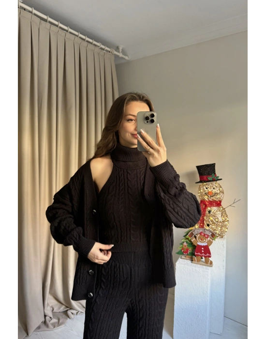 Siyah Üçlü Örgü Triko Takım