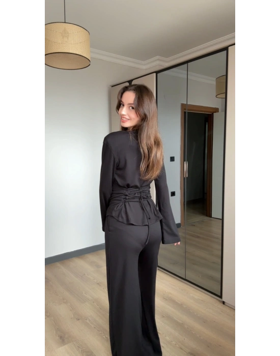 Siyah Vatkalı Bel Bağlamalı Takım