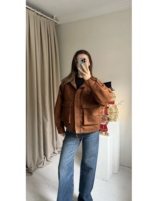 Tarçın Renk Süet Cepli Ceket