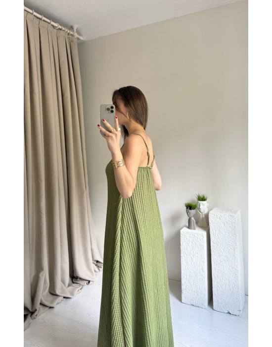 Yeşil Ayarlanabilir Askı Gofre Elbise