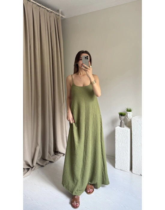 Yeşil Ayarlanabilir Askı Gofre Elbise