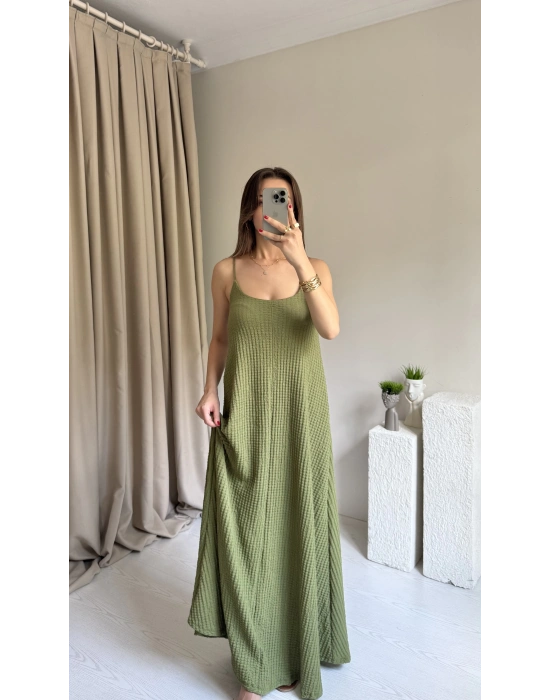 Yeşil Ayarlanabilir Askı Gofre Elbise