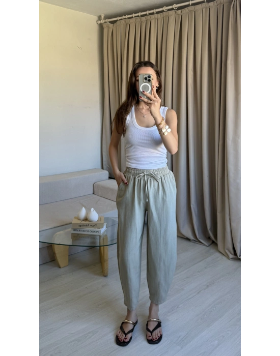 Yeşil Keten Yıkamalı Balon Pantolon