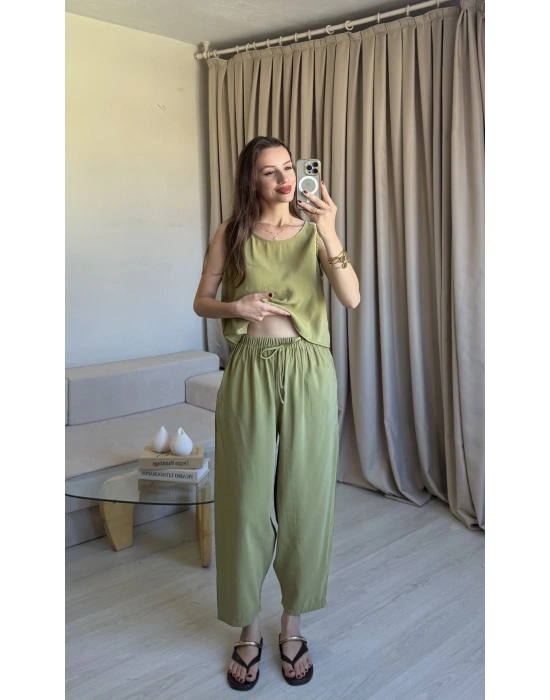Yeşil Tencel Kalın Askılı Takım