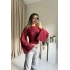Bordo Belden Oturtmalı Yarasa Kol Bluz