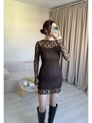 Kahve Astarlı Dantel Elbise