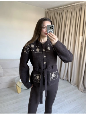 Kahve İşlemeli Yün Ceket