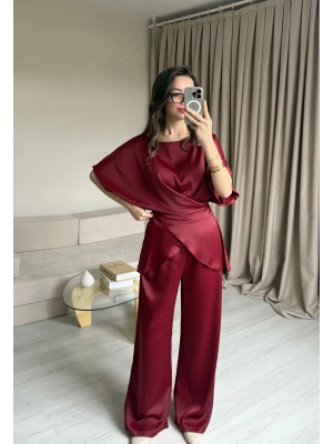 Bordo Bağlamalı Saten Takım