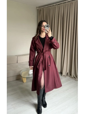 Bordo Düğme Detaylı Uzun Trençkot