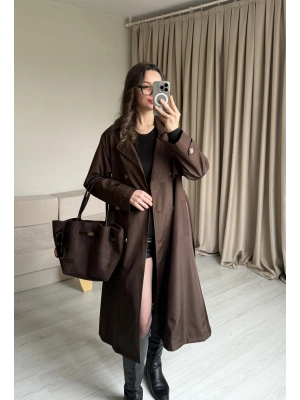 Kahve Düğme Detaylı Uzun Trençkot
