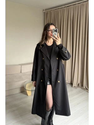 Siyah Düğme Detaylı Uzun Trençkot