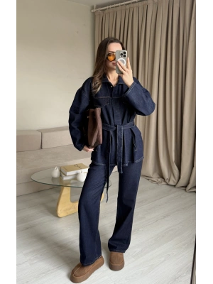 Kuşaklı Çıtçıtlı Denim Takım