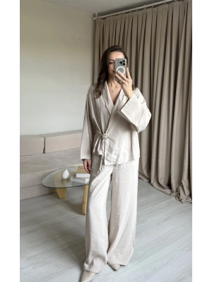 Krem Broşlu Pantolon Takım