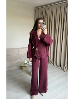 Mürdüm Broşlu Pantolon Takımm