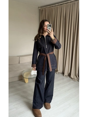Kot Çift Kuşaklı Denim Takım