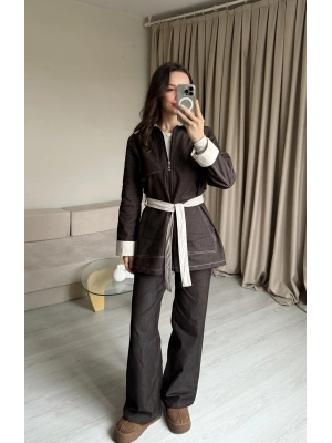 Kahve Çift Kuşaklı Denim Takım