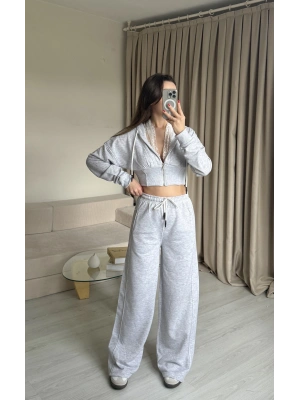 Gri Dantel Detaylı Crop Hırka Takım