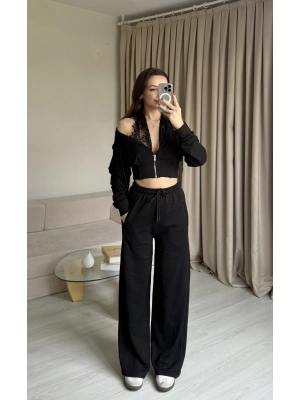 Siyah Dantel Detaylı Crop Hırka Takım