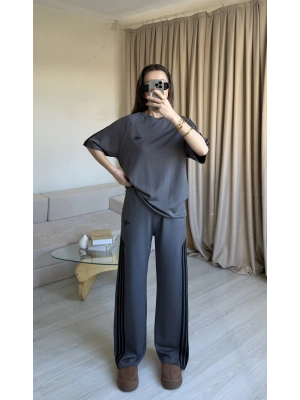 Gri Yan Şeritli Marka Eşofman Takım