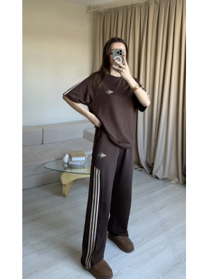 Kahve Yan Şeritli Marka Eşofman Takım
