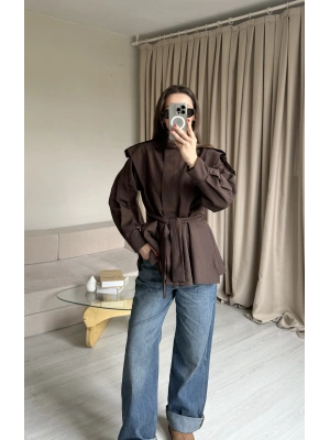 Acı Kahve Fermuarlı Dik Yaka Trençkot