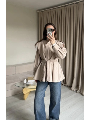 Krem Fermuarlı Dik Yaka Trençkot