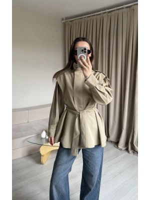 Çağla Yeşil Fermuarlı Dik Yaka Trençkot