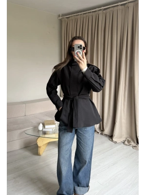 Siyah Fermuarlı Dik Yaka Trençkot