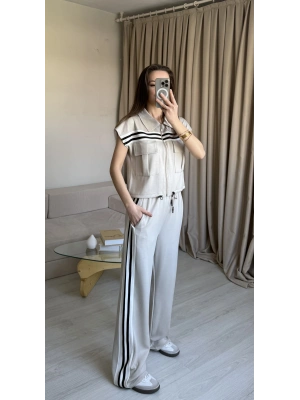 Krem Şeritli Yelek Eşofman Takım