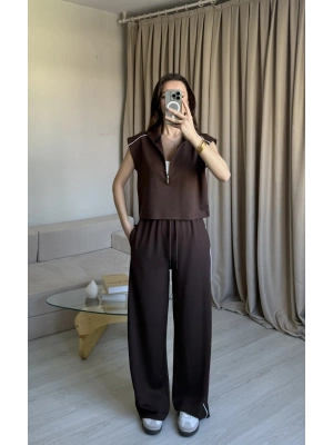Kahve Yarım Fermuarlı Eşofman Takım