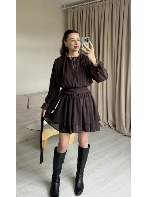 Kahve Aura Şifon Elbise
