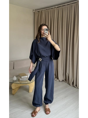 İndigo Yarasa Kol Bluz Pantolon Takım