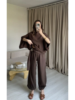 Kahve Yarasa Kol Bluz Pantolon Takım