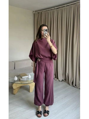 Mürdüm Yarasa Kol Bluz Pantolon Takım