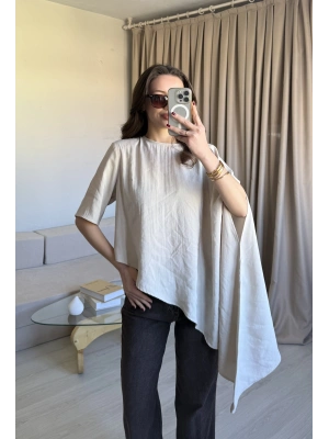 Bej Asimetrik Vatkalı Modal Bluz