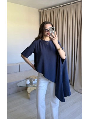 İndigo Asimetrik Vatkalı Modal Bluz