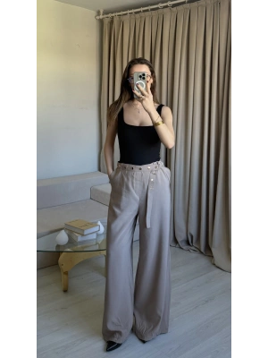 Krem Çıtçıt Kemerli Palazzo Pantolon