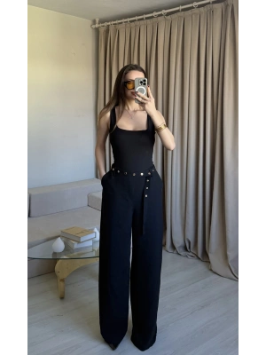 Siyah Çıtçıt Kemerli Palazzo Pantolon