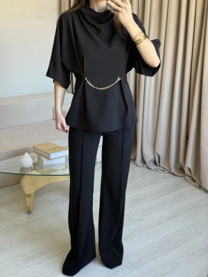 Siyah Zincir Detay Pantolon Takım