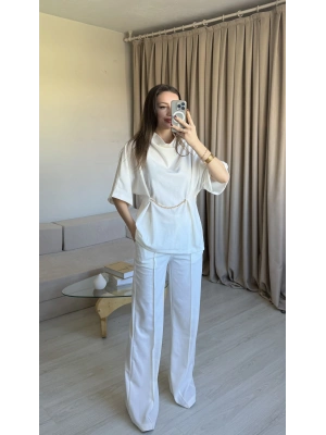 Beyaz Zincir Detay Pantolon Takım