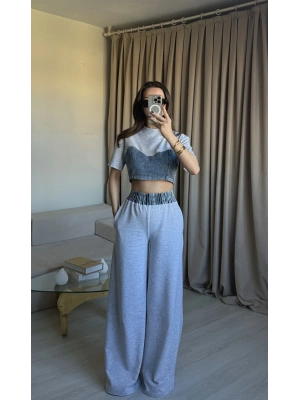 Gri Denim Detaylı Eşofman Takım