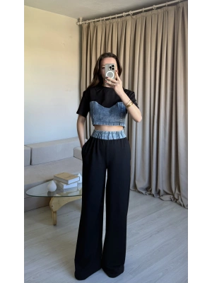 Siyah Denim Detaylı Eşofman Takım