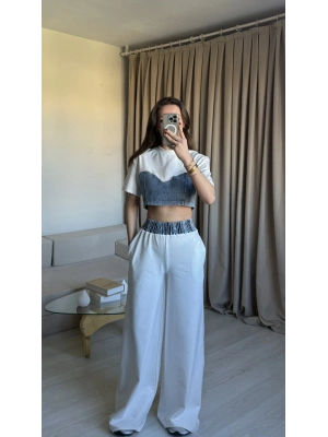 Beyaz Denim Detaylı Eşofman Takım