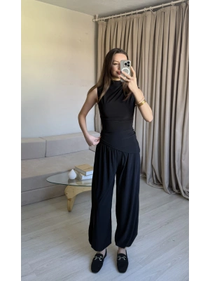 Siyah Asimetrik Kesim Şalvar Pantolon Takım