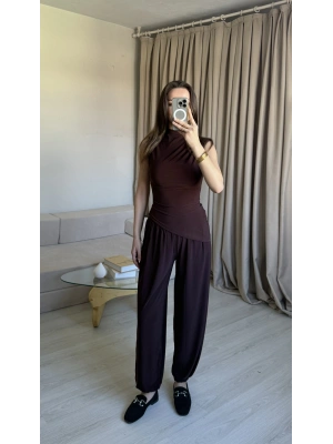 Mürdüm Asimetrik Kesim Şalvar Pantolon Takım