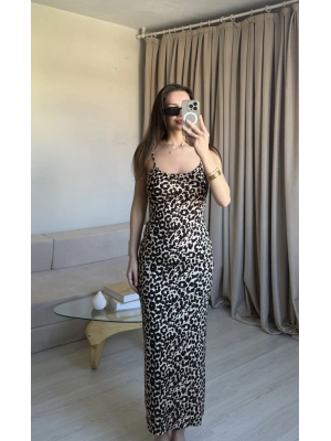 Leopar İnce Askılı Maxi Elbise