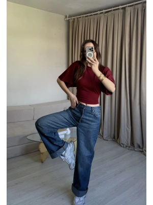 Bordo Belden Oturtmalı Yarasa Kol Bluz
