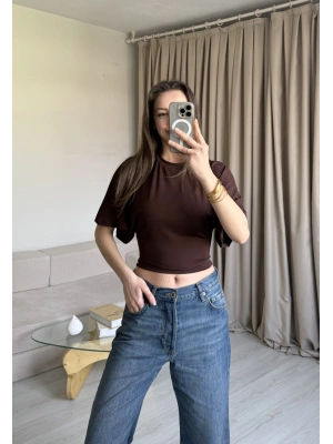 Kahve Belden Oturtmalı Yarasa Kol Bluz